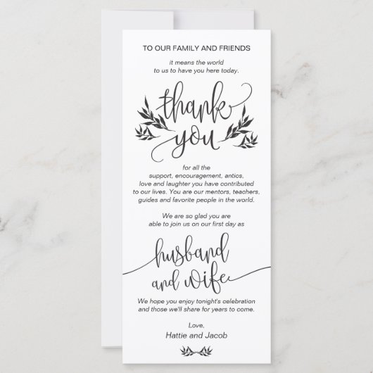 Elégante carte de réglage du Merci noir et blanc (Devant)