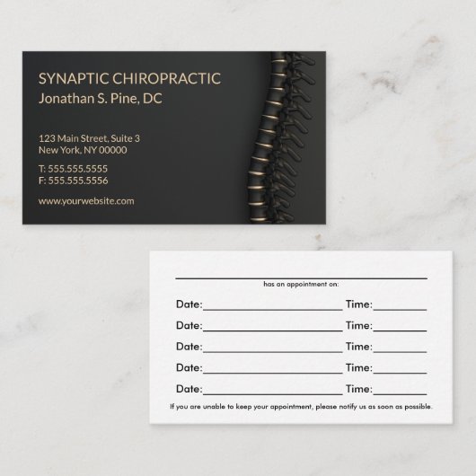 Elégante carte de rendez-vous Black & Gold Spine C (Devant / Derrière)