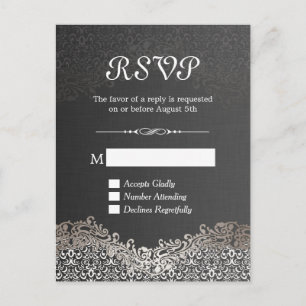 Elégante carte de réponse RSVP Black Argent Damask