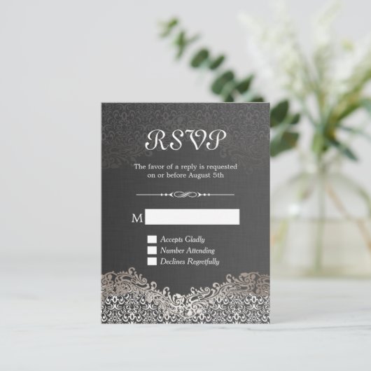 Elégante carte de réponse RSVP Black Argent Damask (Debout devant)