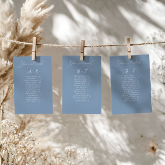 Élégante carte de siège Mariage bleu alphabétique