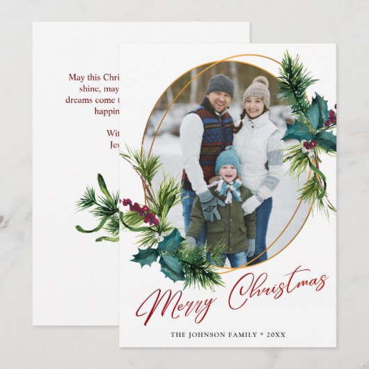 Elégante carte de vacances photo de Noël Holly Pin (Devant / Derrière)