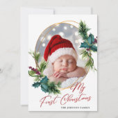 Elégante carte de vacances photo de Noël Holly Pin (Devant)