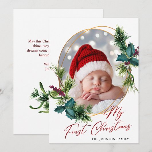 Elégante carte de vacances photo de Noël Holly Pin (Devant / Derrière)