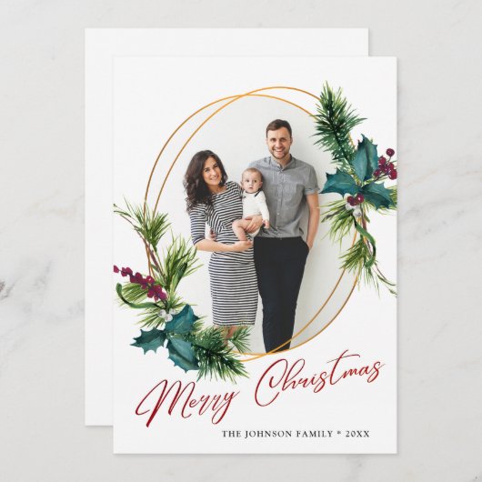 Elégante carte de vacances photo de Noël Holly Pin (Devant / Derrière)