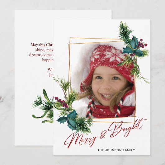 Elégante carte de vacances photo de Noël Holly Pin (Devant / Derrière)