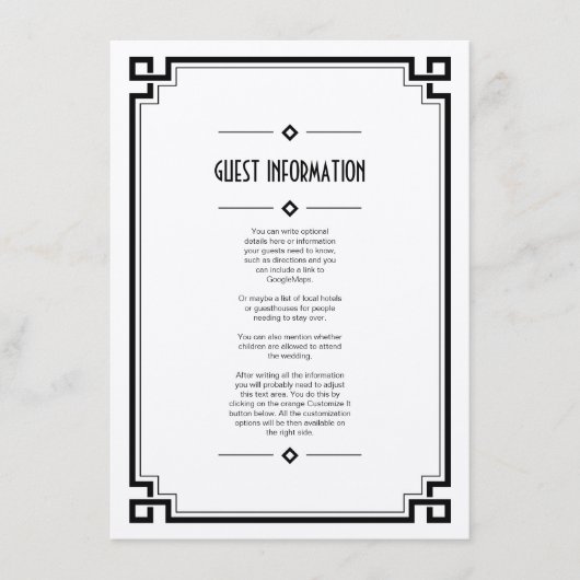 Elégante carte d'insertion Mariage Art Déco Cadre  (Devant)