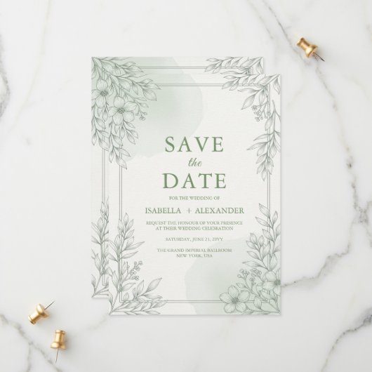 Élégante carte d'invitation florale de verdure de (Devant/Arrière en situation)
