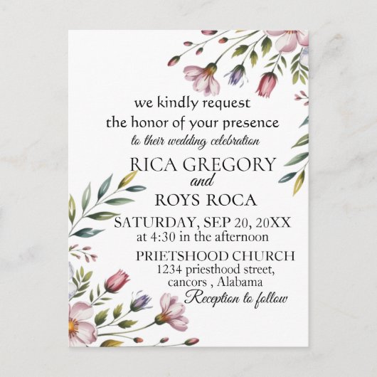 Elégante carte Faire-part de mariage florale aquar (Devant)