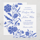 Elégante carte Faire-part de mariage Florale Bleue (Devant / Derrière)