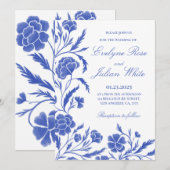 Elégante carte Faire-part de mariage Florale Bleue (Devant / Derrière)