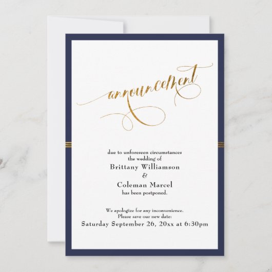 Elégante carte Faire-part Navy & Gold Stripe Card (Devant)