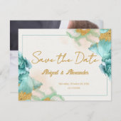 Élégante carte Fleur Turquoise 'Enregistrer la dat (Devant / Derrière)