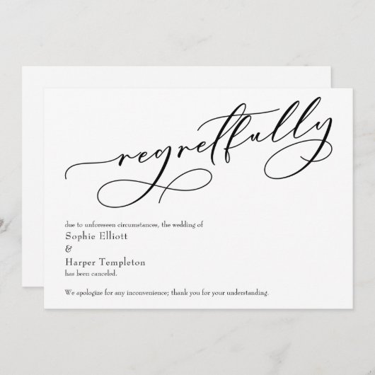 Élégante Carte Mariage Annulée simple "Regrettable (Devant / Derrière)
