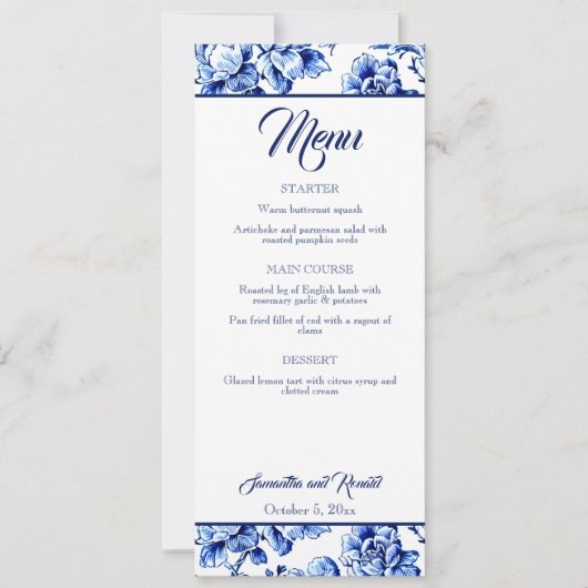 Elégante carte Mariage Blue White Floral Toile (Devant)