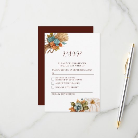Elégante carte Mariage de automne RSVP Citrouille (Devant/Arrière en situation)