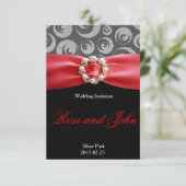 Élégante carte Mariage en ruban noir rouge en arge (Debout devant)