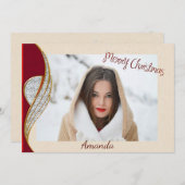 Elégante carte photo de Noël rouge et or (Devant / Derrière)