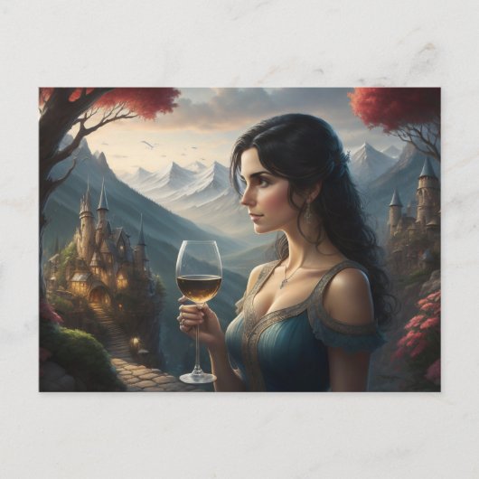 Elégante carte postale de femme Boire du vin (Devant)