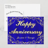 Elégante Carte postale Gold & Blue Anniversaire (Devant / Derrière)