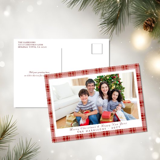 Elégante carte postale photo de Noël Rouge Plaid