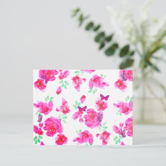Elégante carte postale Roses roses et Papillons (Debout devant)