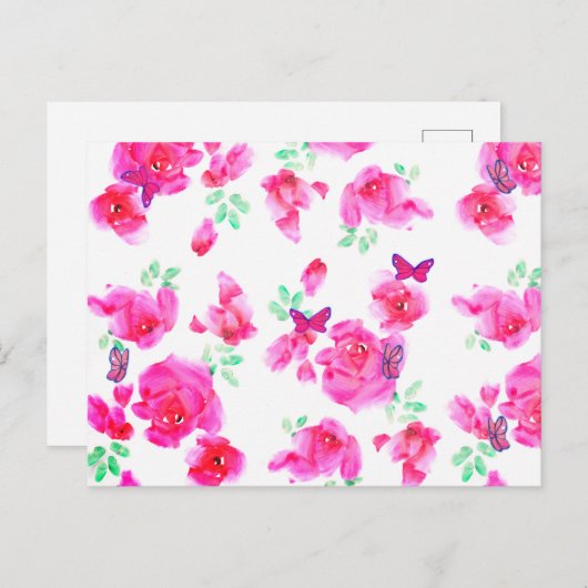 Elégante carte postale Roses roses et Papillons (Devant / Derrière)