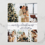 Elégante Carte postale Silver Foil Photo Grey<br><div class="desc">Élégante calligraphie Minimaliste Argent Gris Foil Script 4 Photo Collage Joyeux Noël Carte postale. Ce modèle festif, mimimaliste, fantasque de quatre (4) cartes de vacances photo présente un joli collage photo et dit "Joyeux Noël"! Le texte de salutation "Joyeux Noël" est écrit dans une belle main lettré tourbillonnant swash-tail type...</div>
