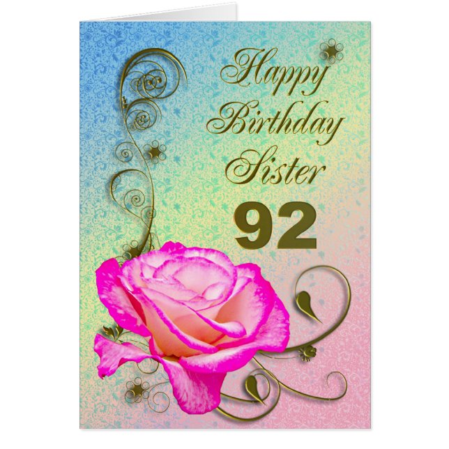 Elégante carte rose 92e anniversaire pour Soeur (Devant)