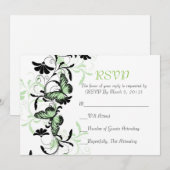 Elégante carte RSVP à papillon vert floral (Devant / Derrière)