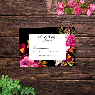 Elégante carte RSVP Black Burgundy Pink Floral Fra