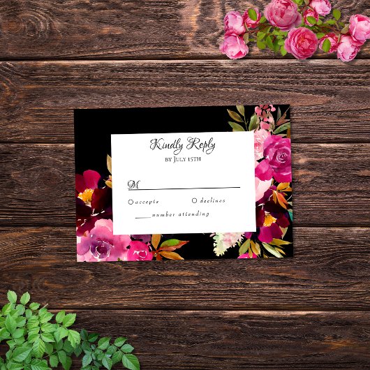 Elégante carte RSVP Black Burgundy Pink Floral Fra