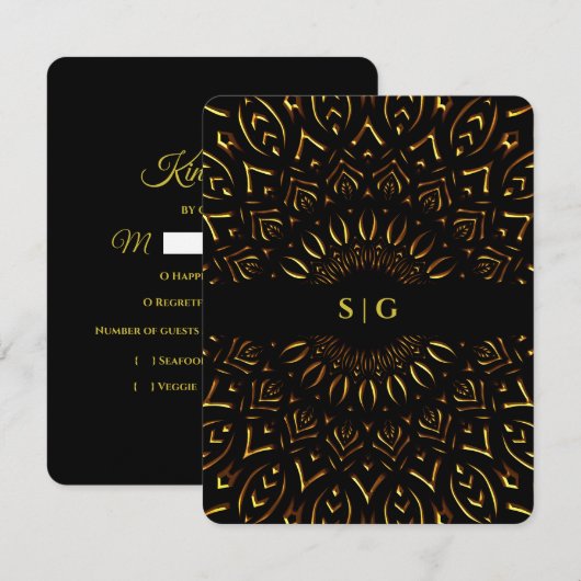 Élégante carte RSVP classique moderne noir et or (Devant / Derrière)