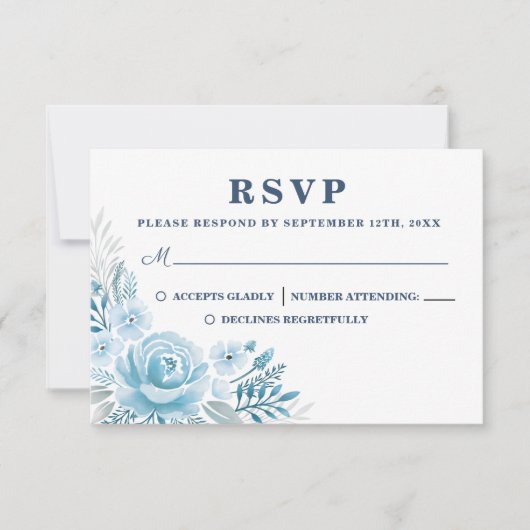 Elégante carte RSVP de mariage bleu floral Dusty (Devant)