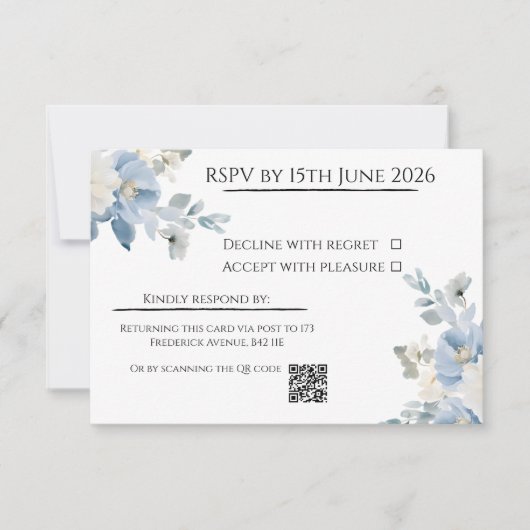 Elégante carte RSVP de mariage floral bleu avec co (Devant)