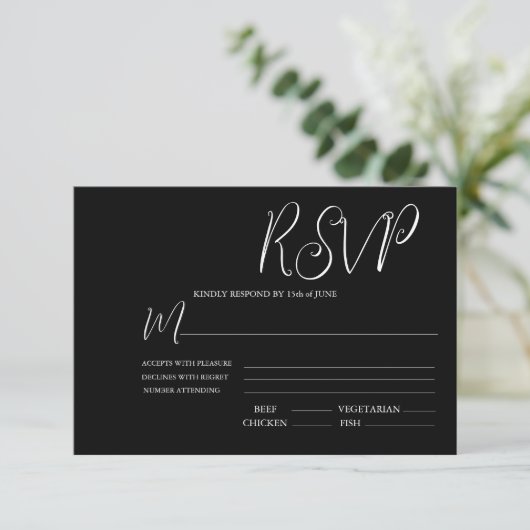 Elégante carte RSVP de mariage noir et blanc (Debout devant)