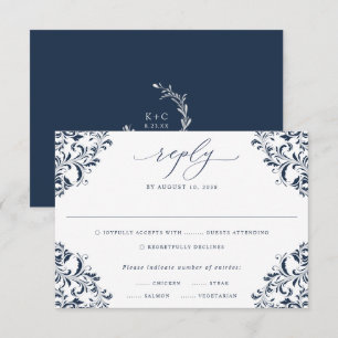 Élégante carte RSVP de mariage vintage bleu marine