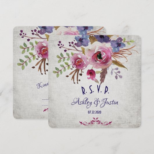Elégante carte RSVP Fleurs d'aquarelle de mariage (Devant / Derrière)