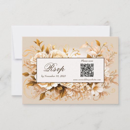 Elégante carte RSVP Gold & Ivory Floral QR Code (Devant)