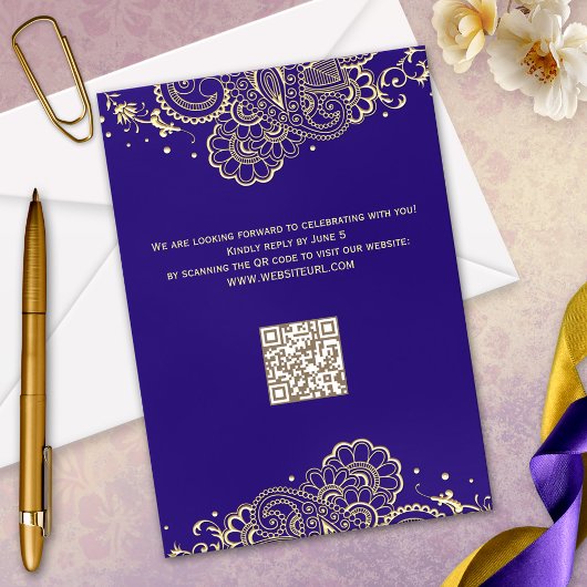 Elégante carte RSVP Henna en or violet