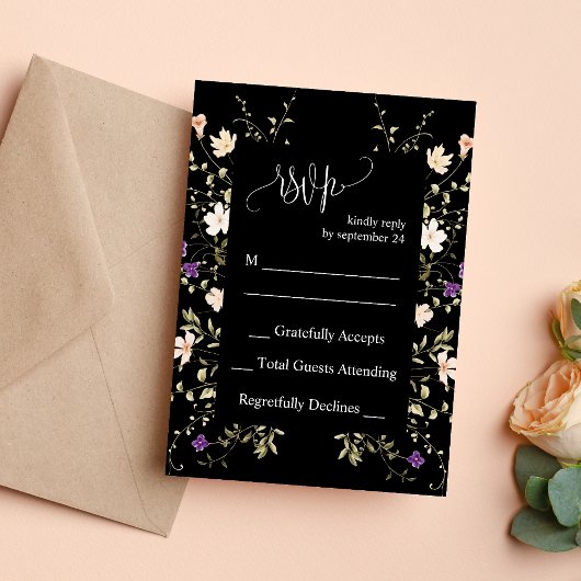 Elégante carte RSVP mariage Fleur sauvage noir