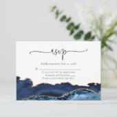 Elégante carte RSVP Marine Blue Gold Agate Wedding (Debout devant)
