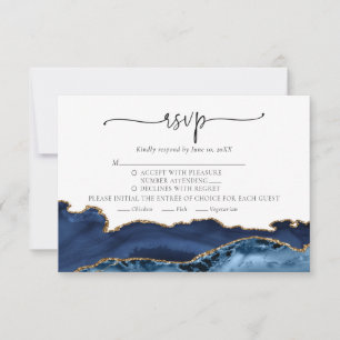 Elégante carte RSVP Marine Blue Gold Agate Wedding