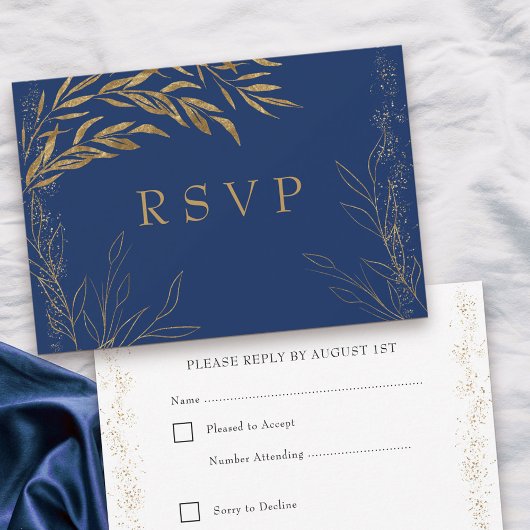 Elégante carte RSVP Royal Blue et Gold Leaf