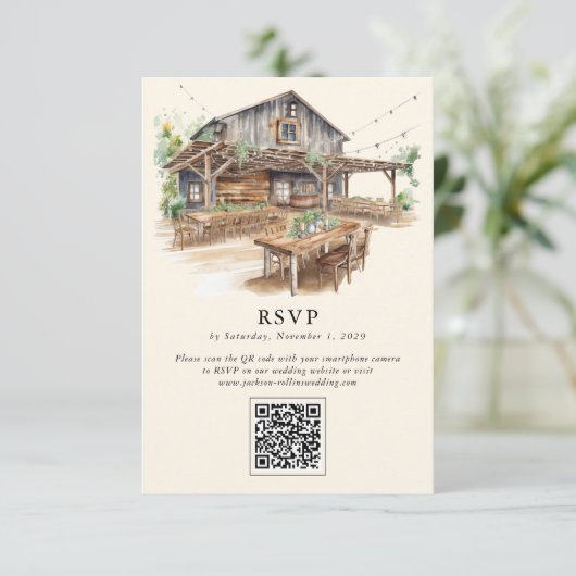 Élégante carte RSVP Rustic Barn QR Code RSVP (Debout devant)