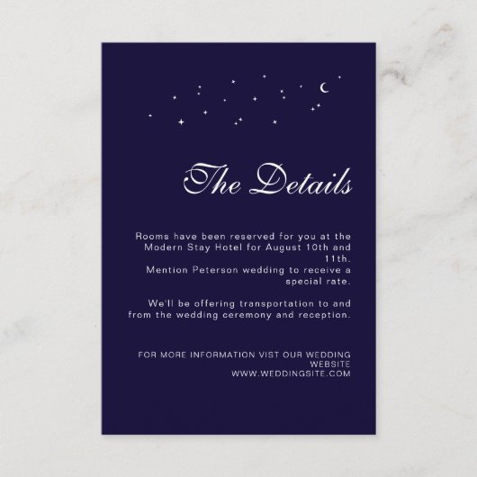 Elegante Celestial Midnight Blue Wedding Details Informatiekaartje (Voorkant)