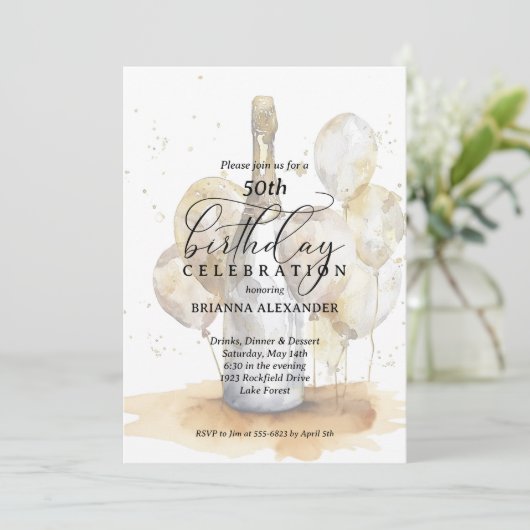 Elegante champagne en ballonnen verjaardag kaart (Staand voorkant)