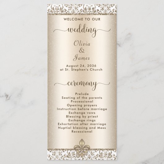Elegante Champagne Fleur de Lis WEdding Programma (Voorkant)