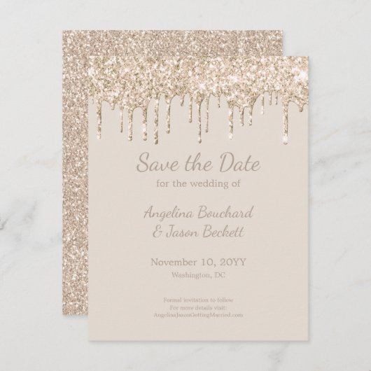 Elegante Champagne Glitter Bruiloft Save The Date Kaart (Voorkant / Achterkant)