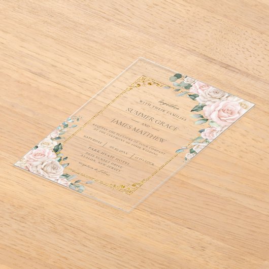 Elegante Champagne Ivoor Blush Bloemen Bruiloft Acryl Uitnodigingen (Laagn)